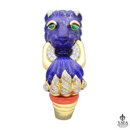 David Webb Carved Lapis Lazuli, Coral, Emerald and Diamond Lion Cuff Bracelet