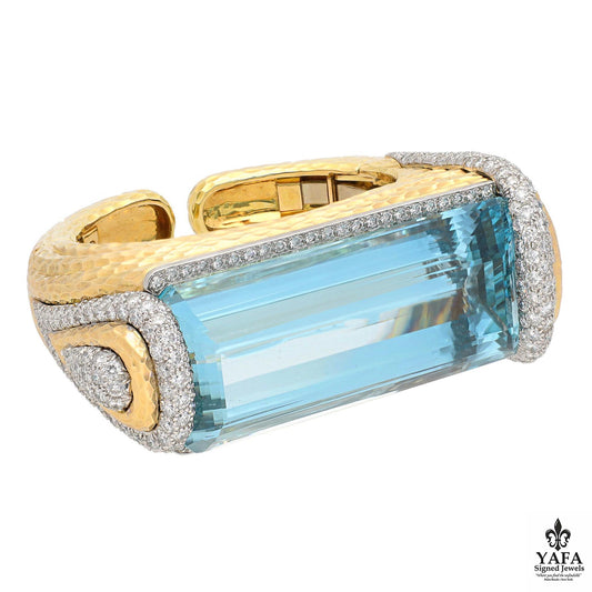 David Webb 18k Yellow Gold and Platinum, Aquamarine and Diamond Cuff