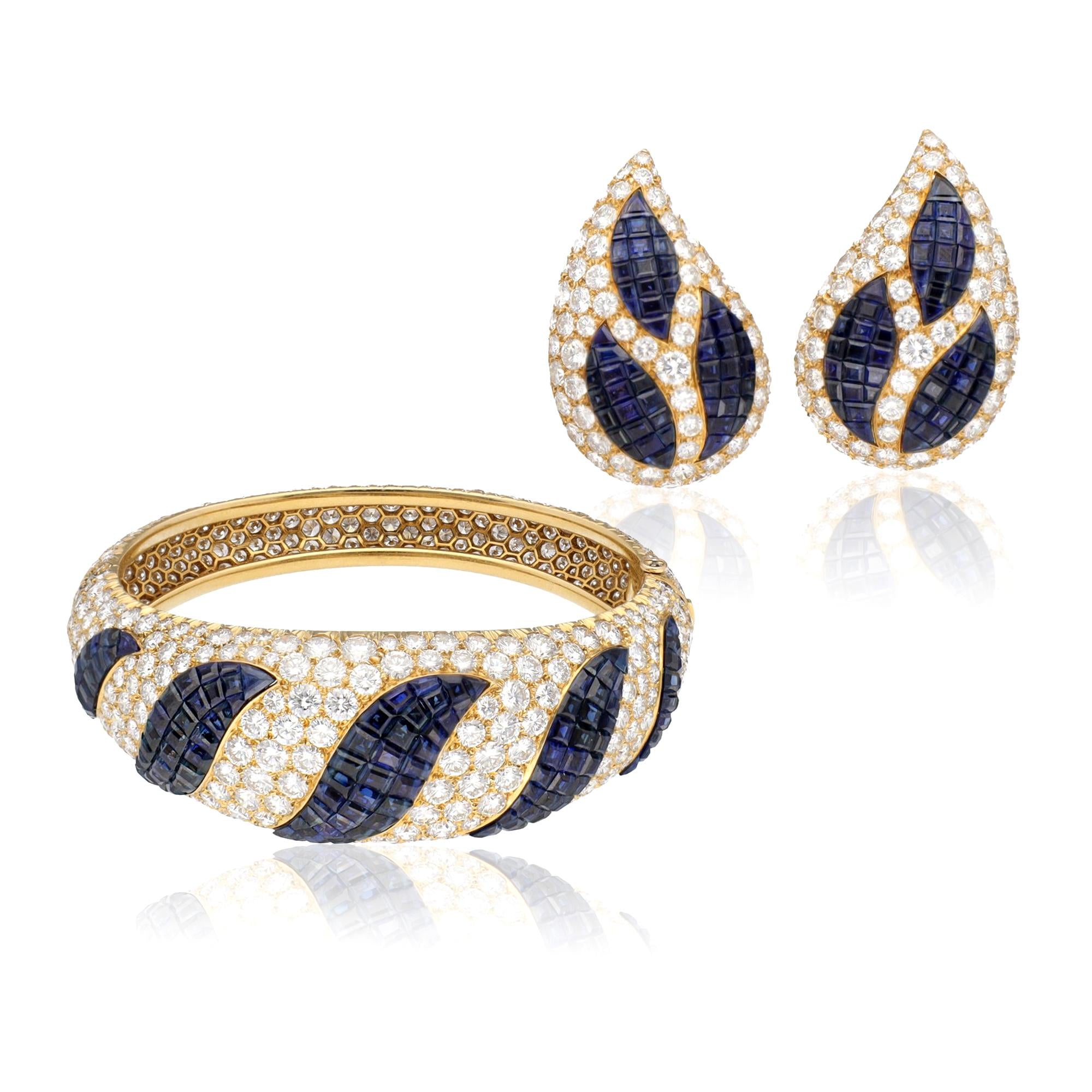 VAN CLEEF & ARPELS Diamond and sapphire Mystery Set Bangel and Earrings Set