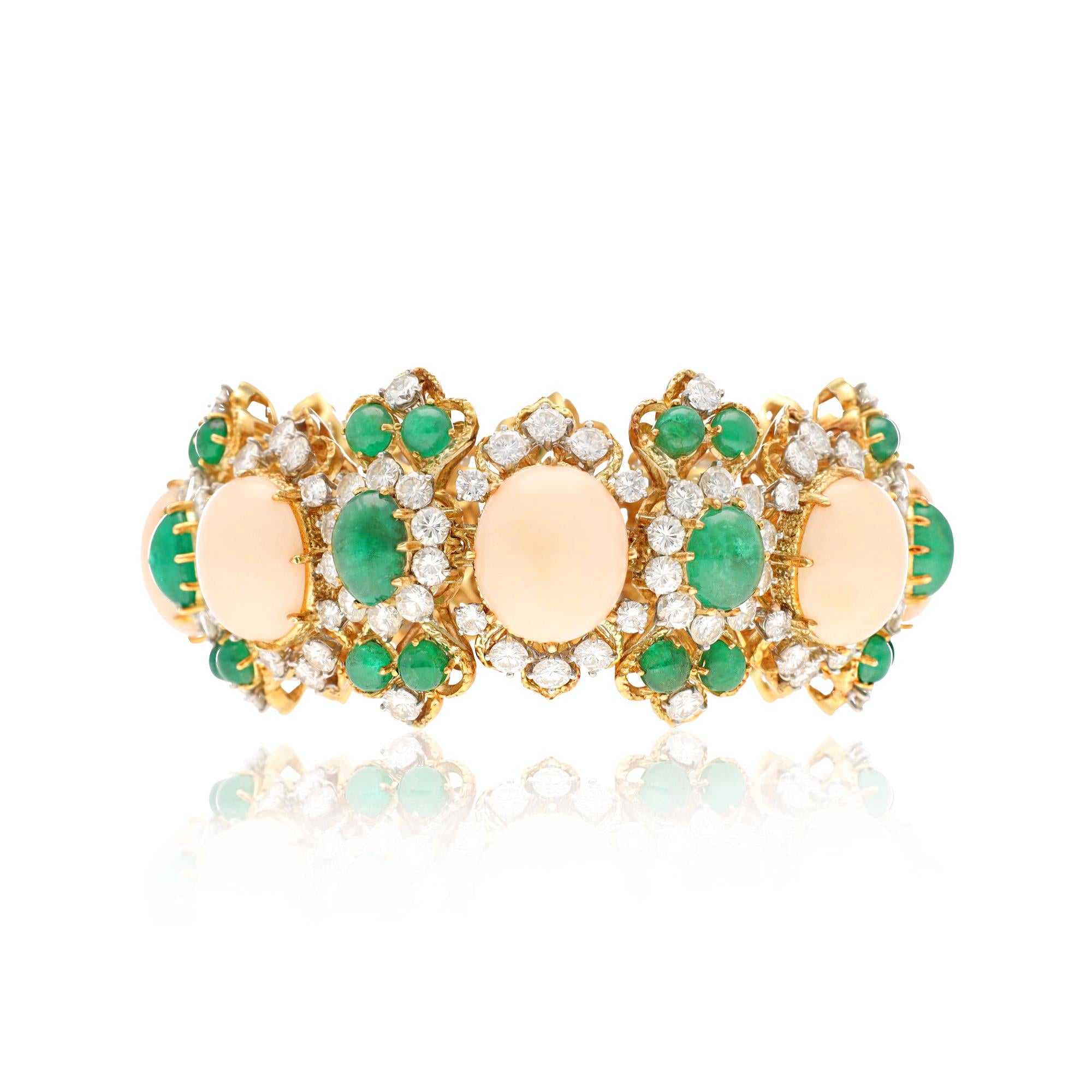 BULGARI Cabochon Coral, Emerald and Diamond Bracelet and Ear Clips Suite