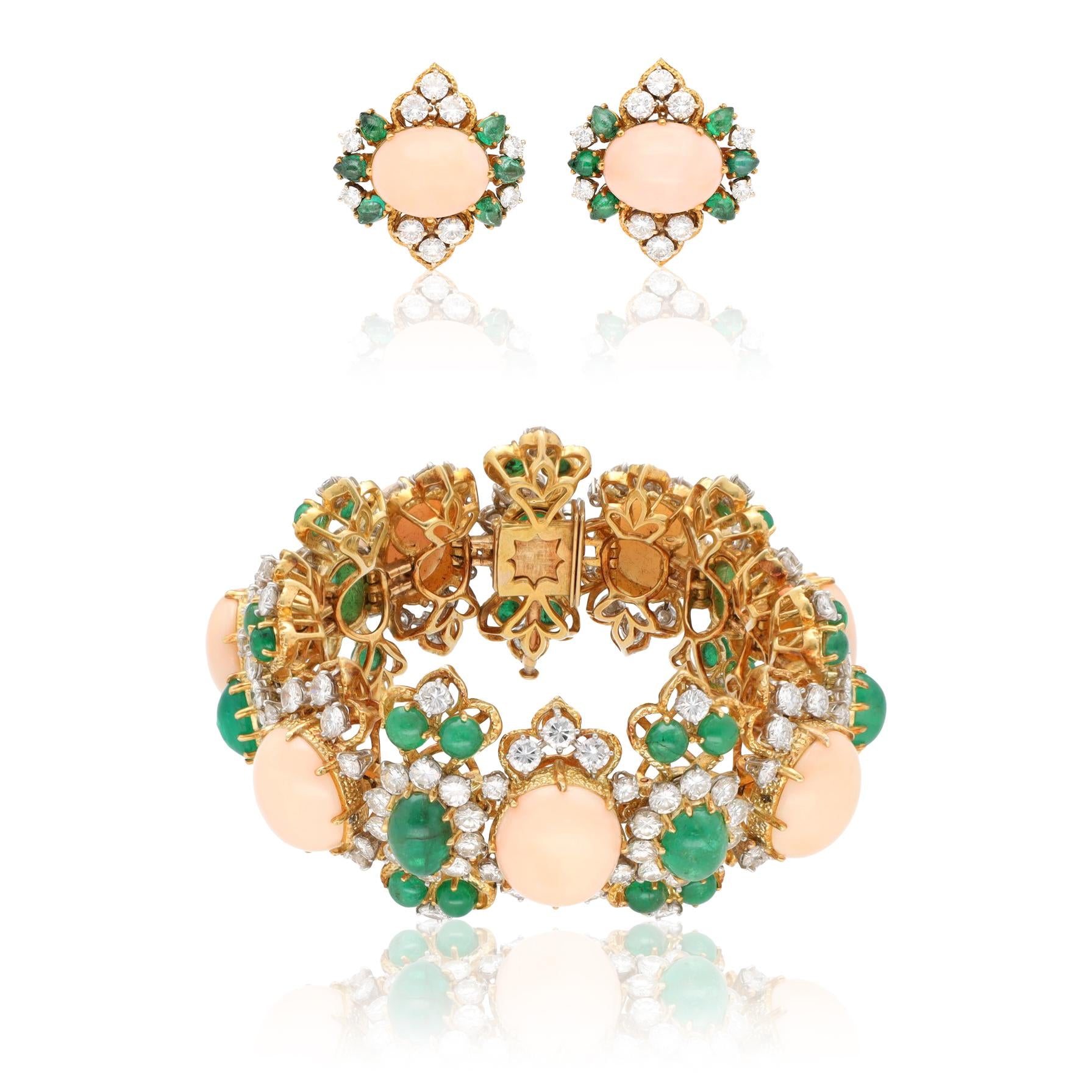 BULGARI Cabochon Coral, Emerald and Diamond Bracelet and Ear Clips Suite