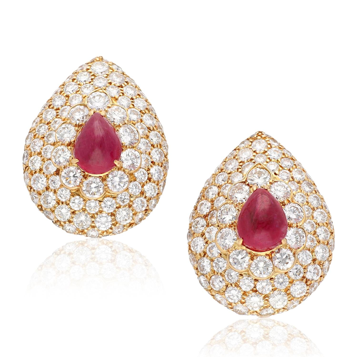 GRAFF Cabochon Pear Shaped Ruby and Diamond Button Ear Clips