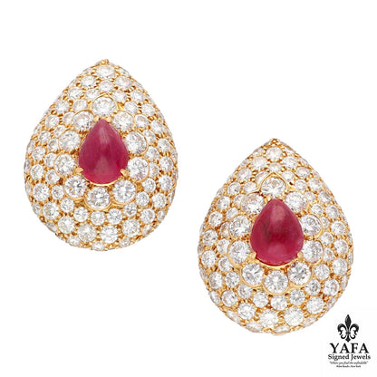 GRAFF Cabochon Pear Shaped Ruby and Diamond Button Ear Clips