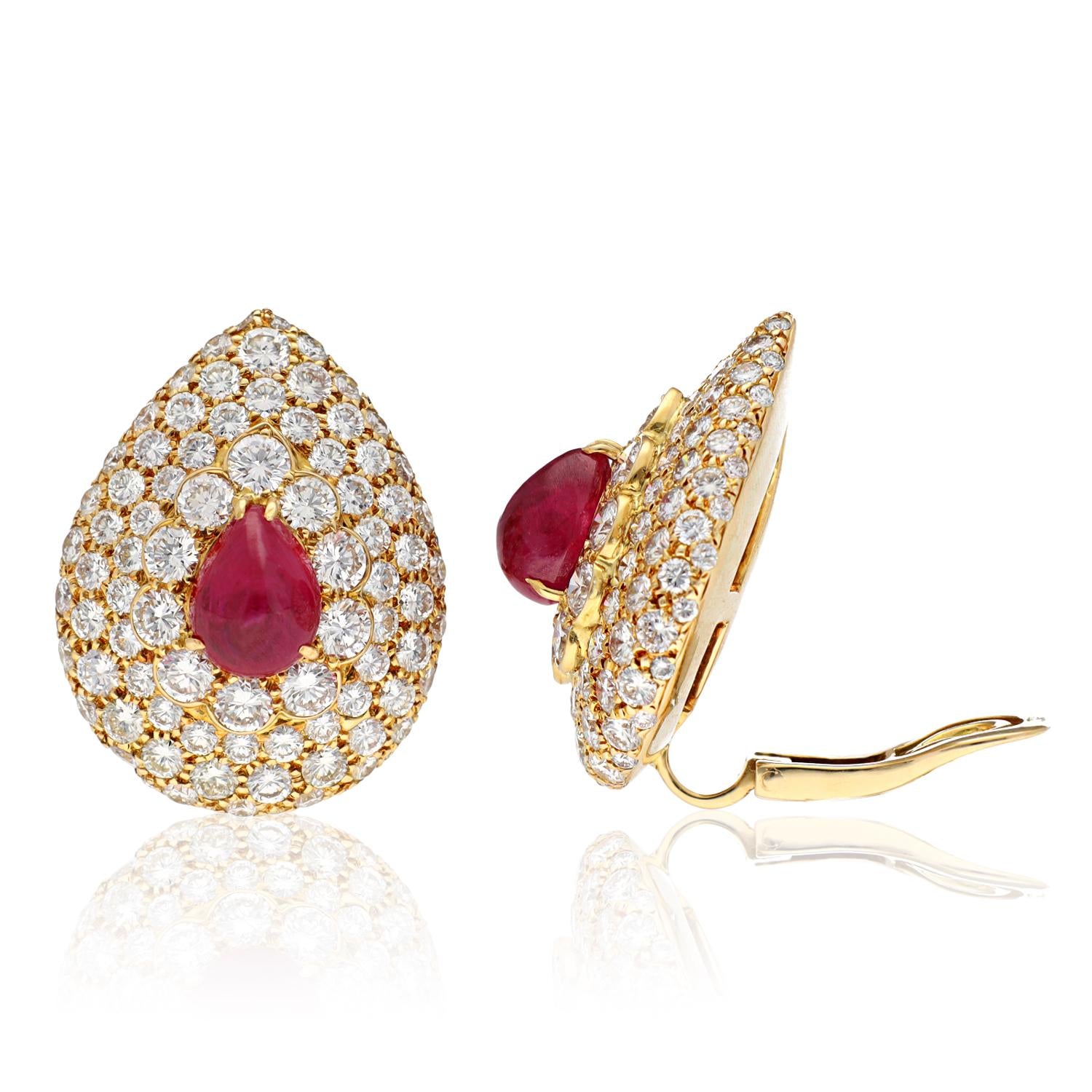 GRAFF Cabochon Pear Shaped Ruby and Diamond Button Ear Clips