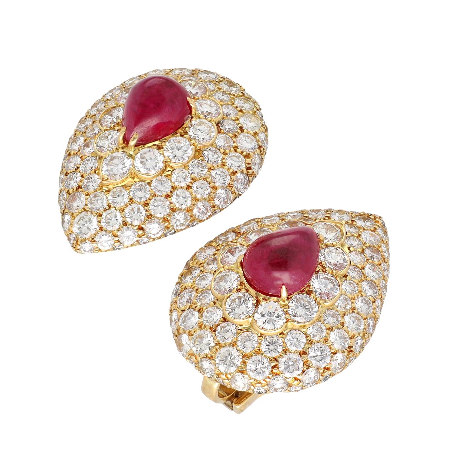 GRAFF Cabochon Pear Shaped Ruby and Diamond Button Ear Clips