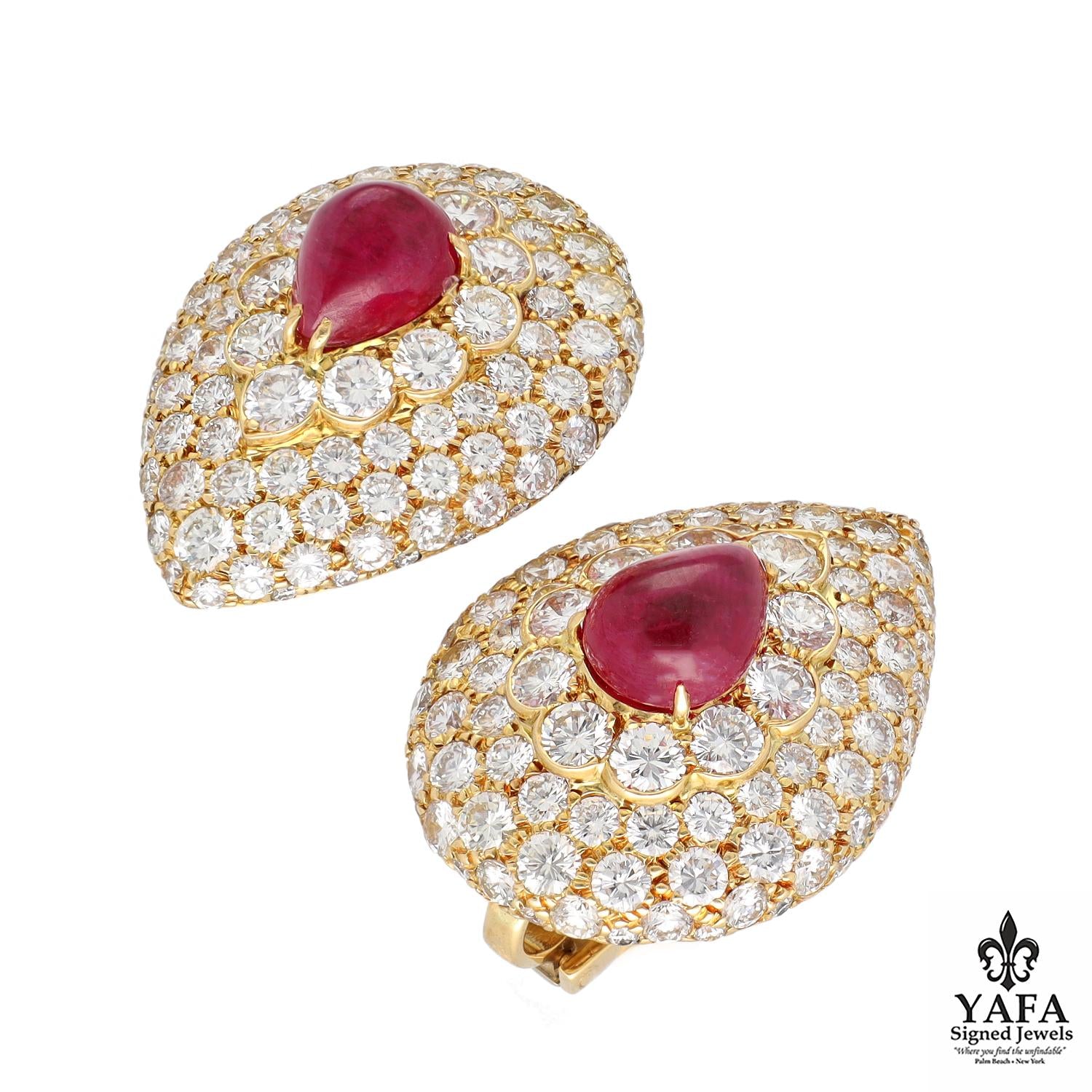 GRAFF Cabochon Pear Shaped Ruby and Diamond Button Ear Clips