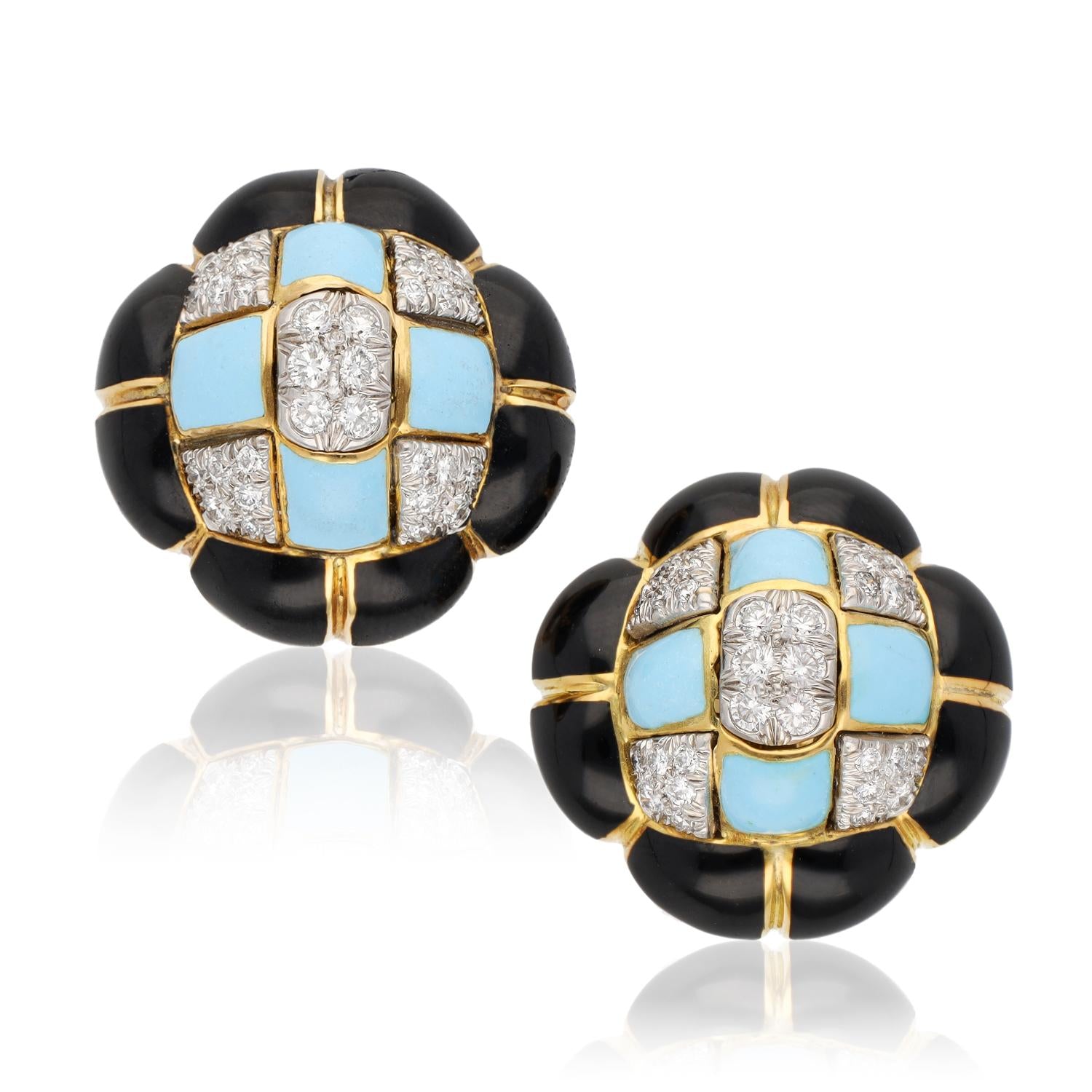DAVID WEBB Quilted Earrings, Turquoise & Black Enamel