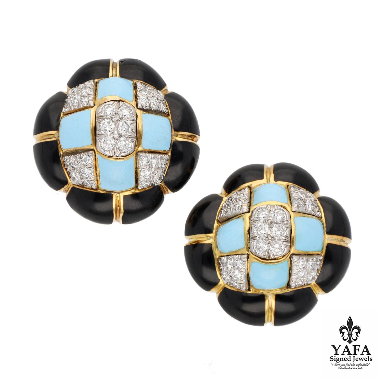 DAVID WEBB Quilted Earrings, Turquoise & Black Enamel