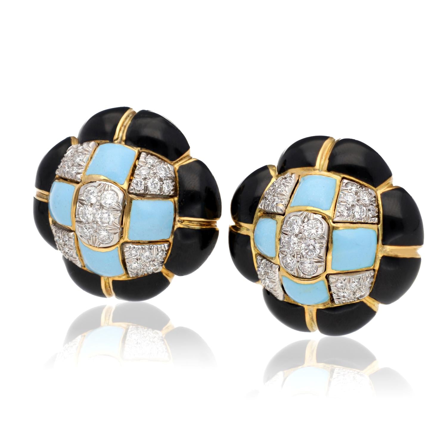 DAVID WEBB Quilted Earrings, Turquoise & Black Enamel