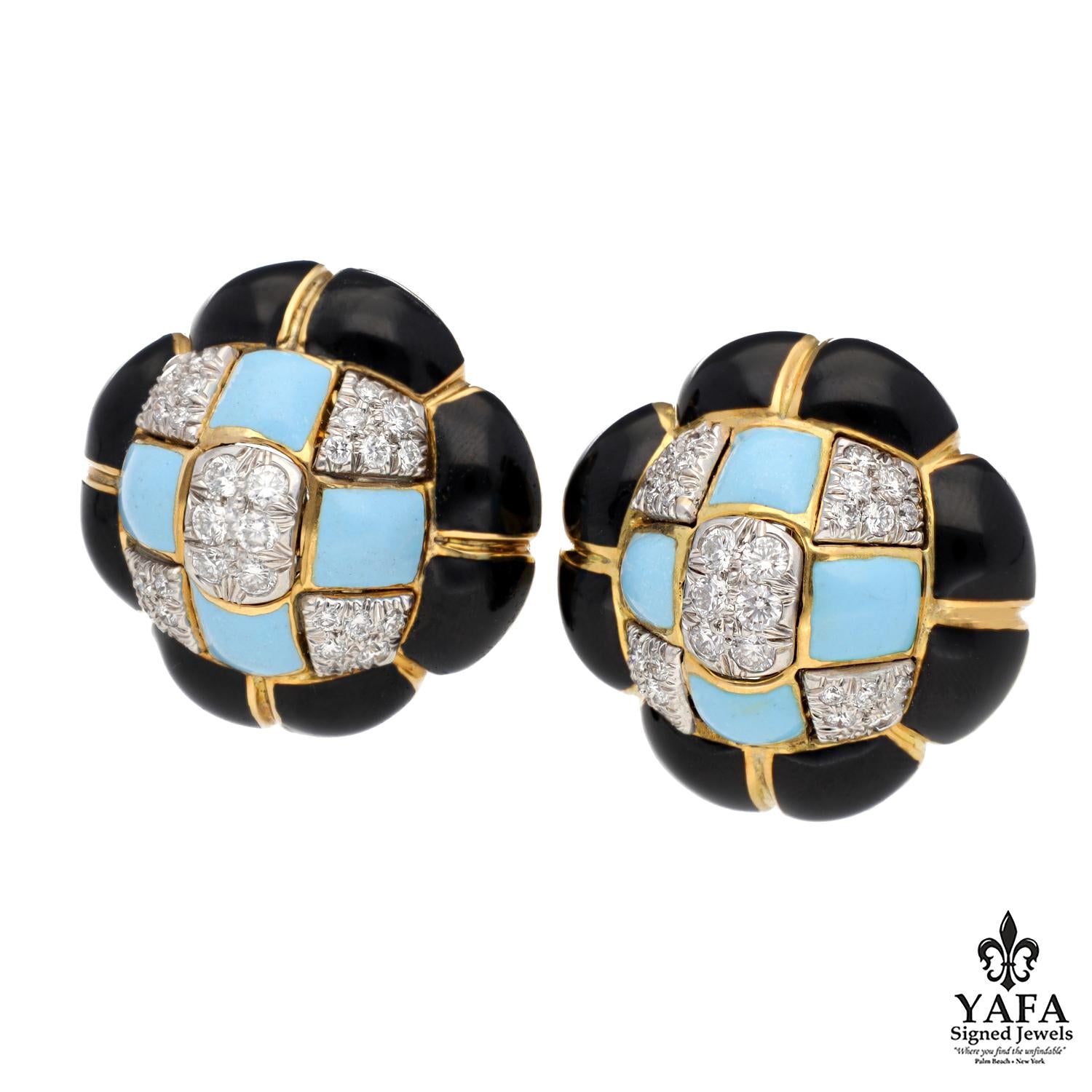 DAVID WEBB Quilted Earrings, Turquoise & Black Enamel