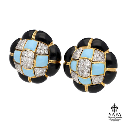 DAVID WEBB Quilted Earrings, Turquoise & Black Enamel