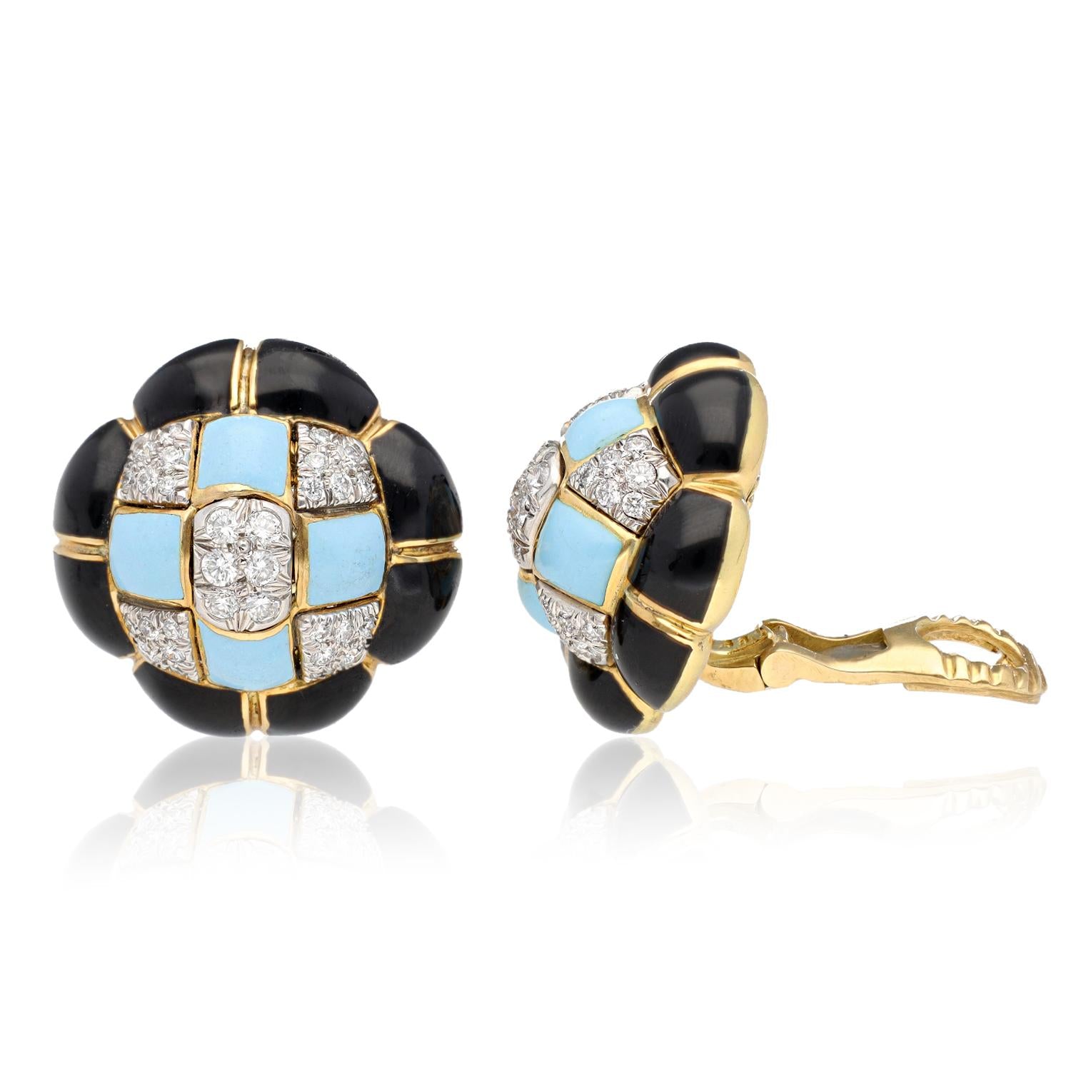 DAVID WEBB Quilted Earrings, Turquoise & Black Enamel