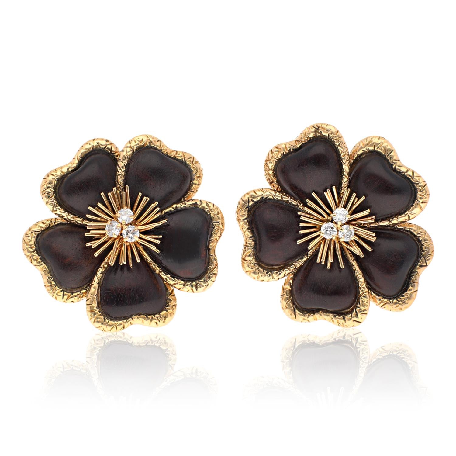 VAN CLEEF & ARPELS 18K Yellow Gold, Wood and Diamond Flower Ear Clips