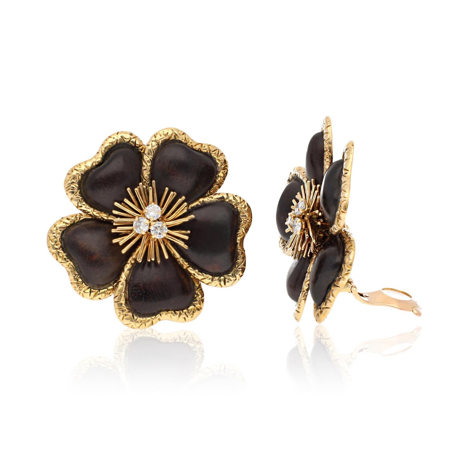 VAN CLEEF & ARPELS 18K Yellow Gold, Wood and Diamond Flower Ear Clips