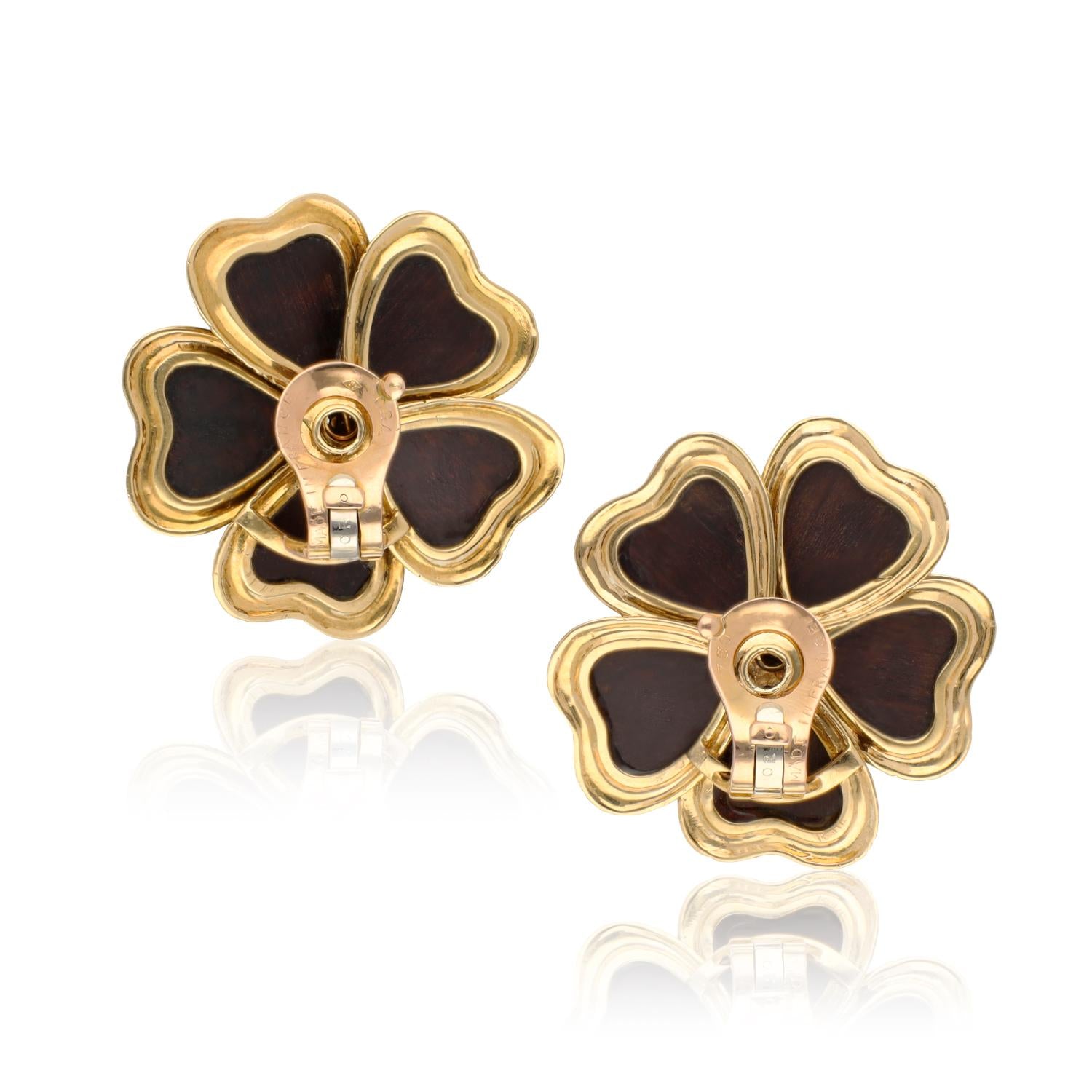 VAN CLEEF & ARPELS 18K Yellow Gold, Wood and Diamond Flower Ear Clips