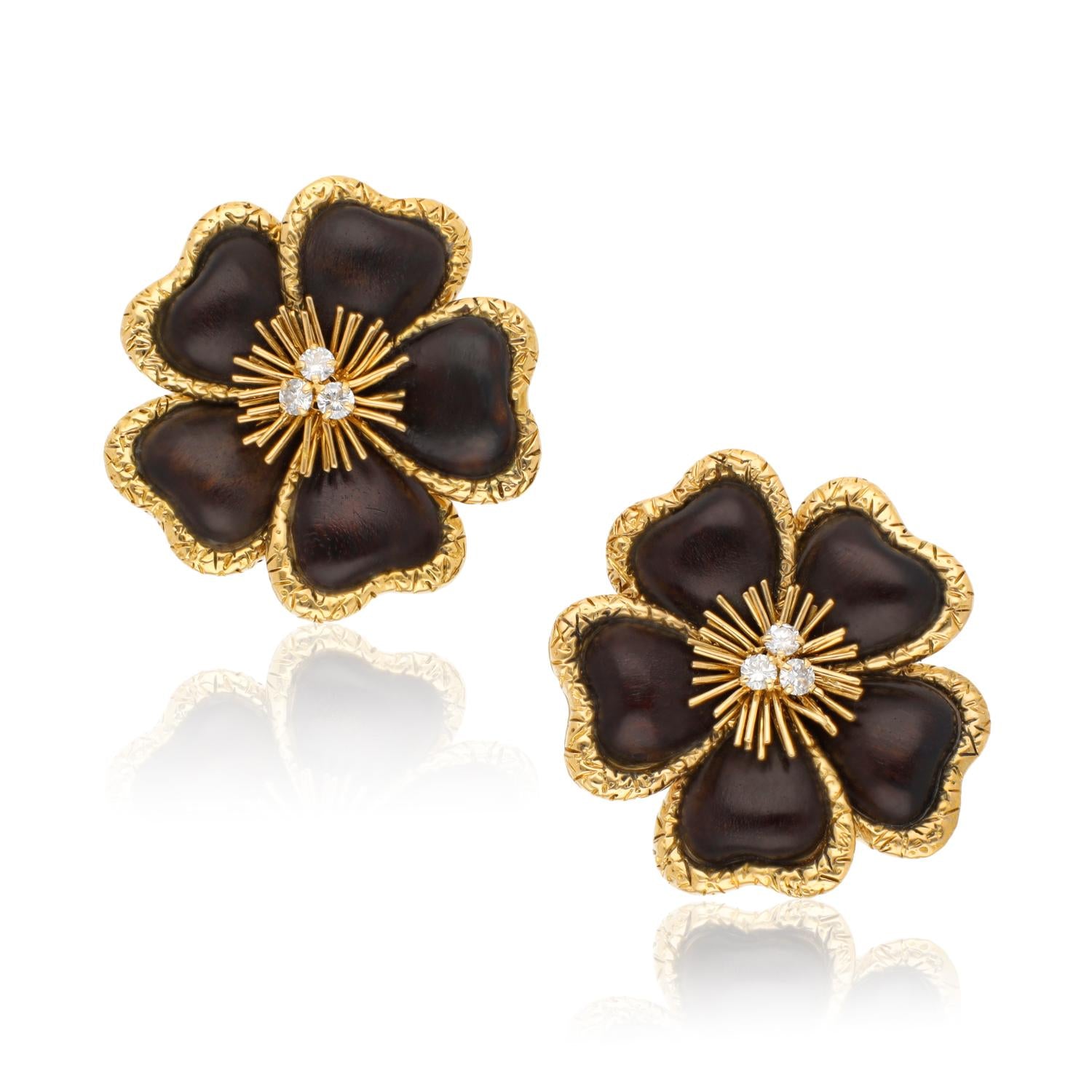 VAN CLEEF & ARPELS 18K Yellow Gold, Wood and Diamond Flower Ear Clips