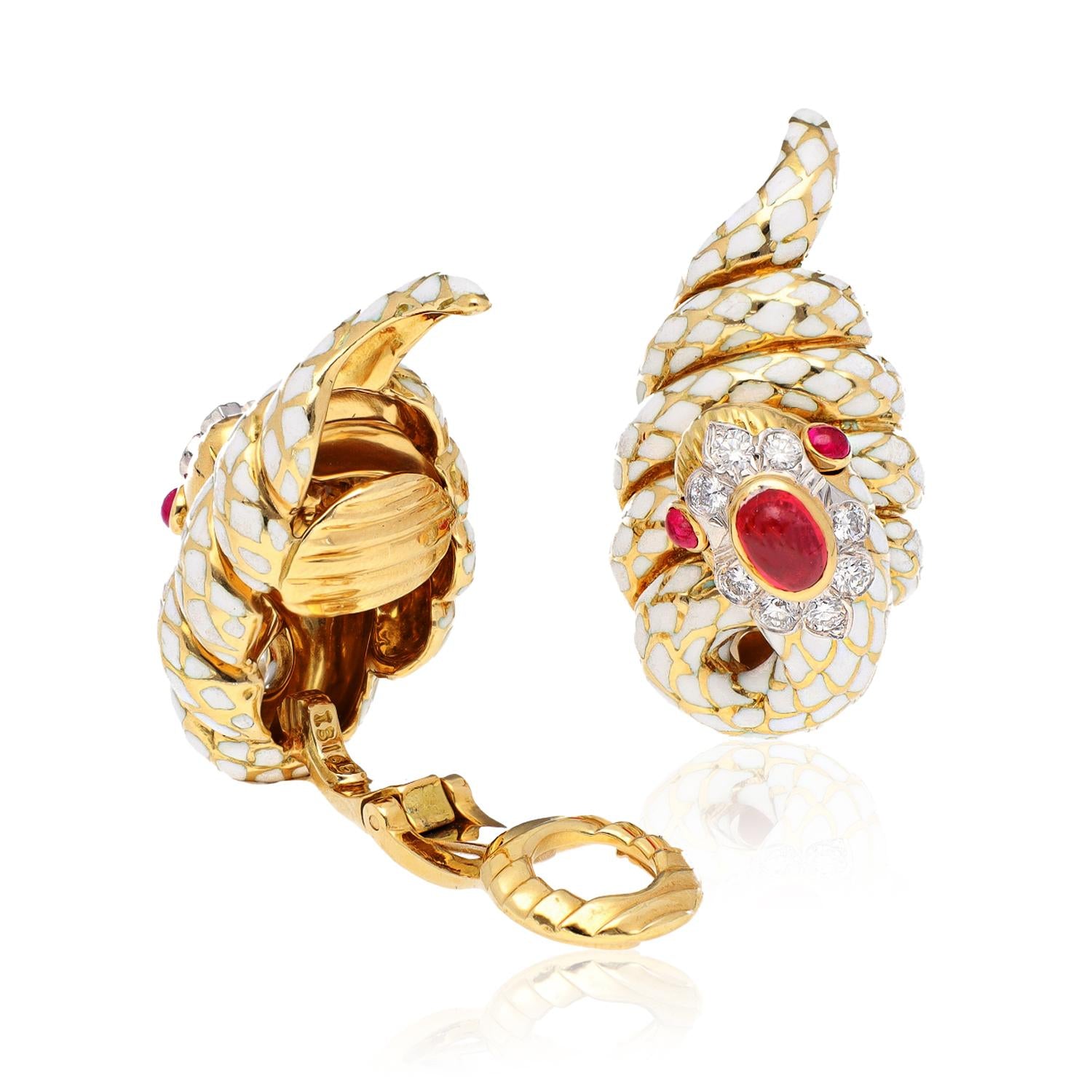 DAVID WEBB Diamond, Cabochon Ruby and White Enamel Coiled Snake Ear Clips