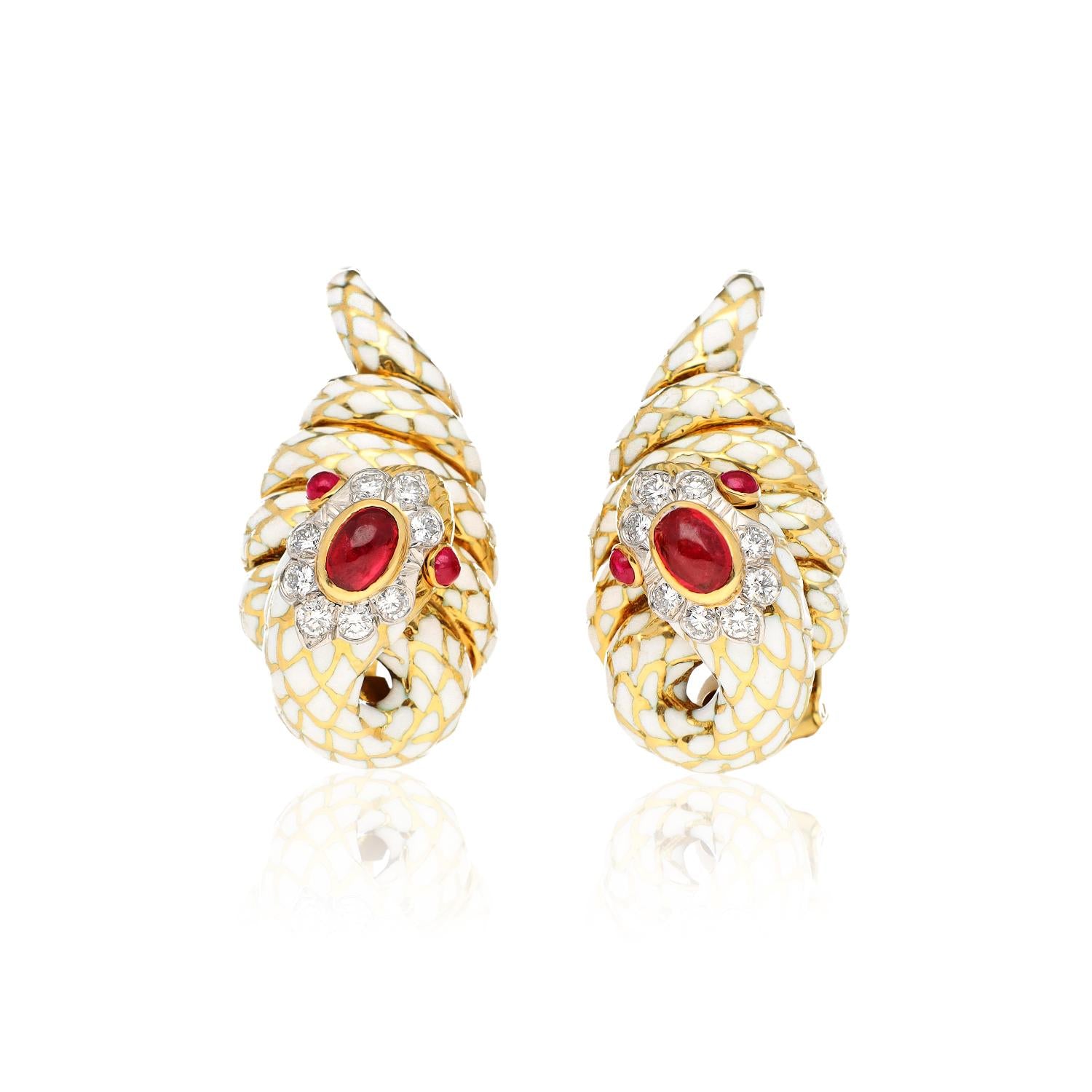 DAVID WEBB Diamond, Cabochon Ruby and White Enamel Coiled Snake Ear Clips