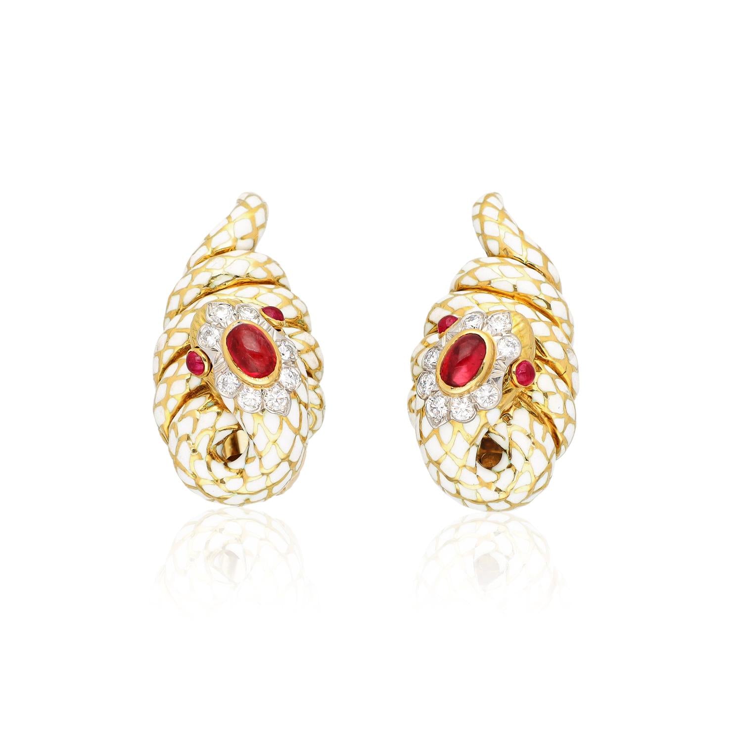 DAVID WEBB Diamond, Cabochon Ruby and White Enamel Coiled Snake Ear Clips