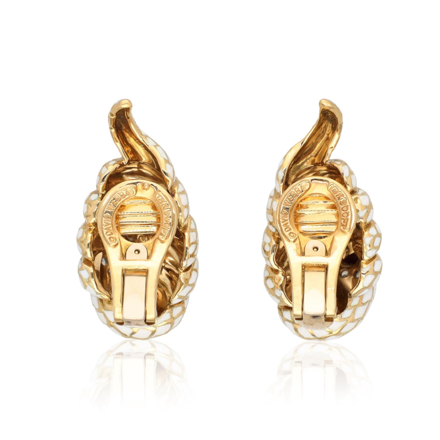 DAVID WEBB Diamond, Cabochon Ruby and White Enamel Coiled Snake Ear Clips