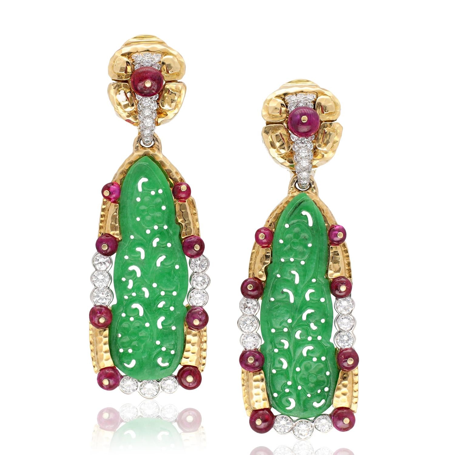 DAVID WEBB Carved Jade, Ruby and Diamond Ear Clips