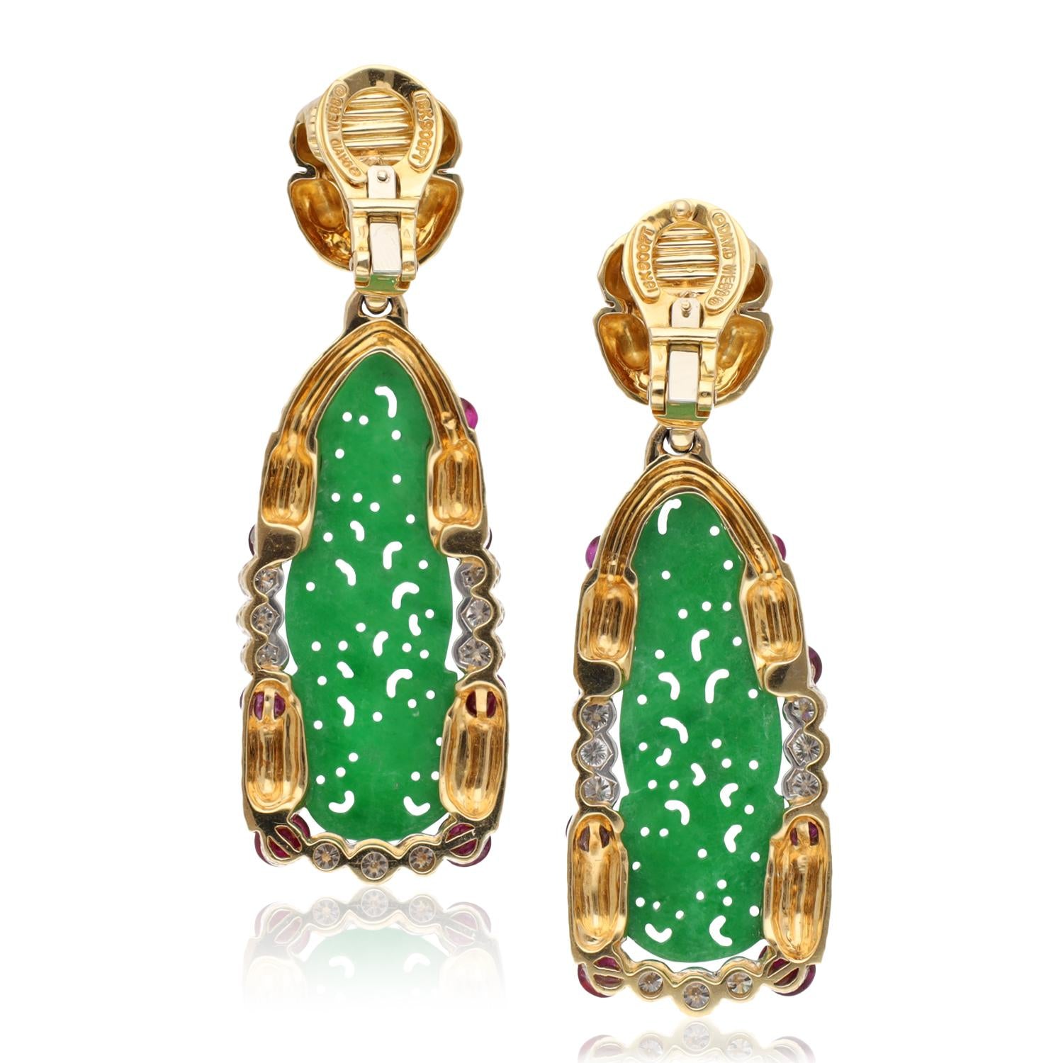 DAVID WEBB Carved Jade, Ruby and Diamond Ear Clips