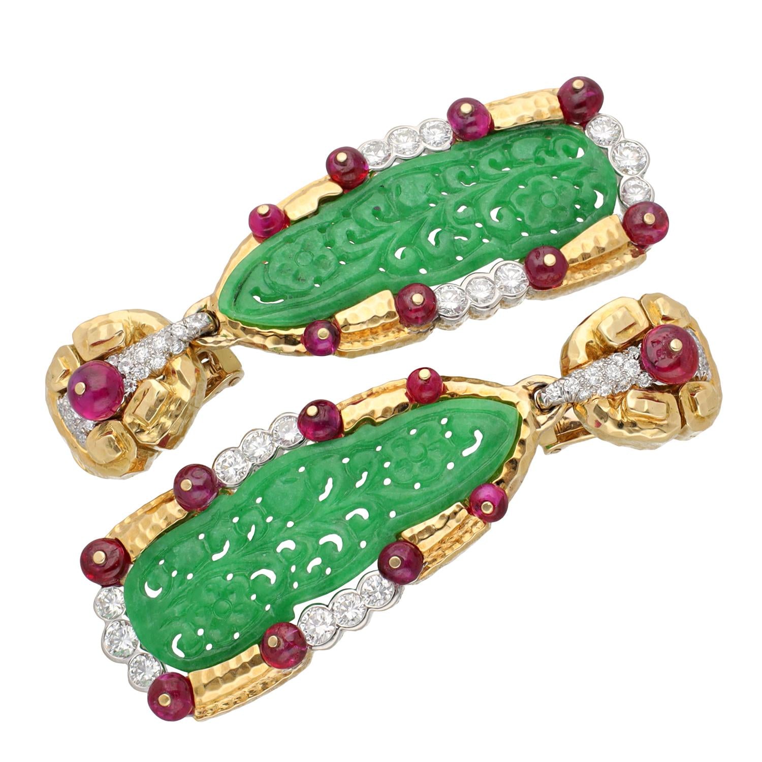 DAVID WEBB Carved Jade, Ruby and Diamond Ear Clips