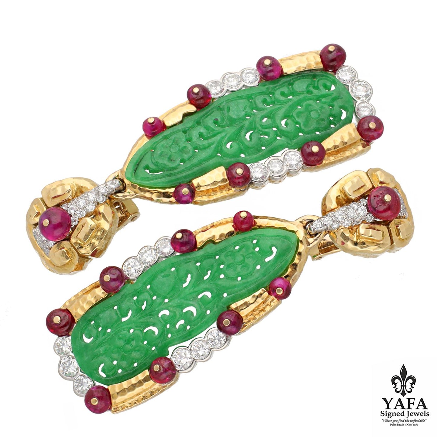 DAVID WEBB Carved Jade, Ruby and Diamond Ear Clips