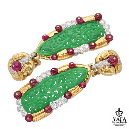 DAVID WEBB Carved Jade, Ruby and Diamond Ear Clips