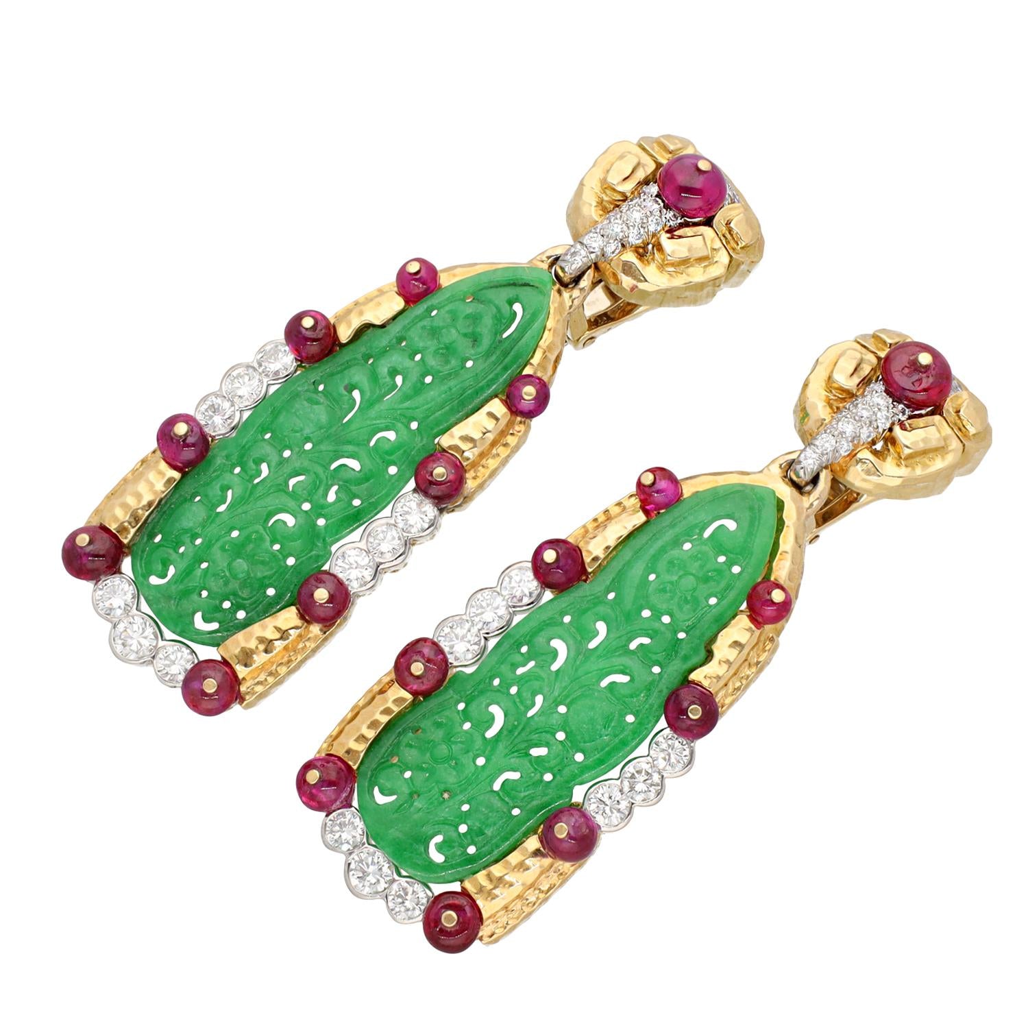 DAVID WEBB Carved Jade, Ruby and Diamond Ear Clips