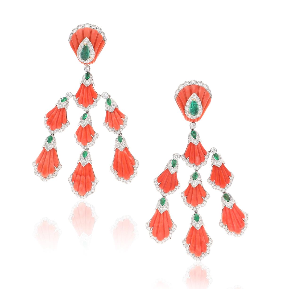 David Webb Carved Coral, Emerald & Diamond "Siren" Earrings