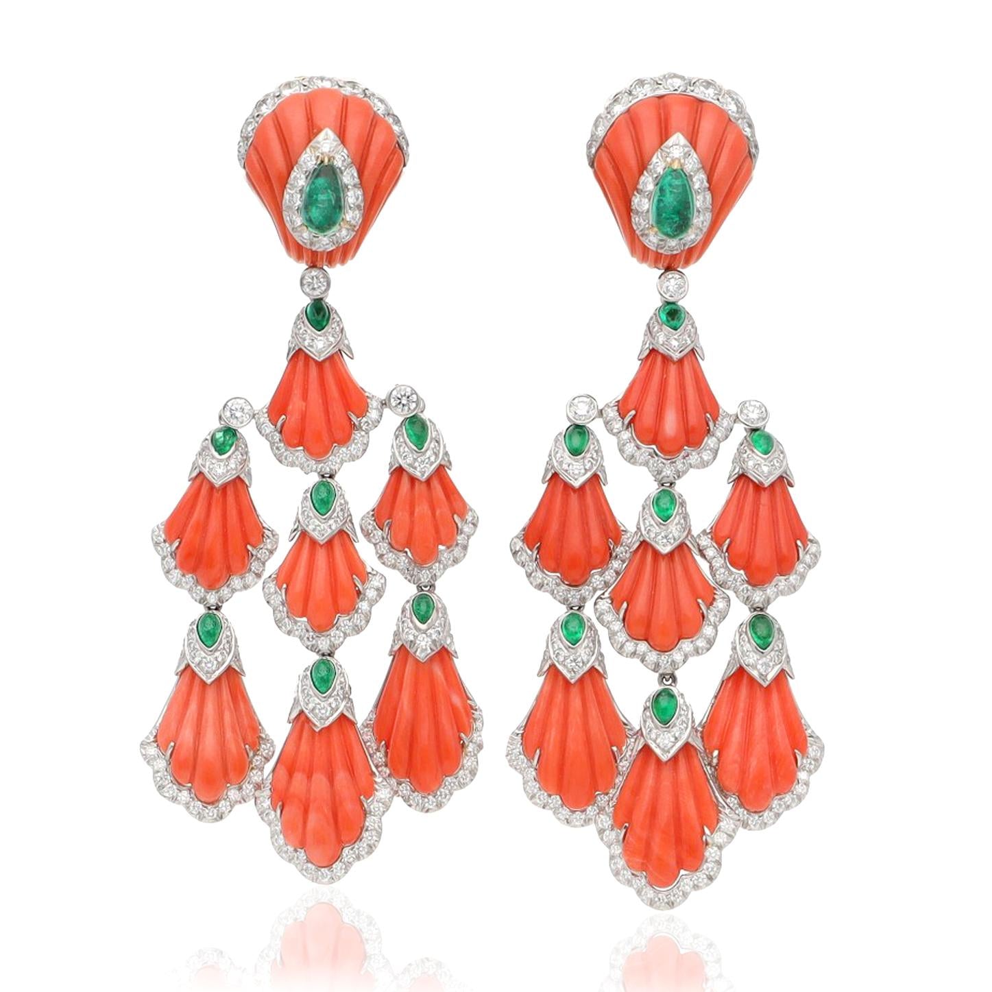 David Webb Carved Coral, Emerald & Diamond "Siren" Earrings