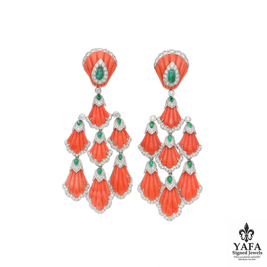 David Webb Carved Coral, Emerald & Diamond "Siren" Earrings