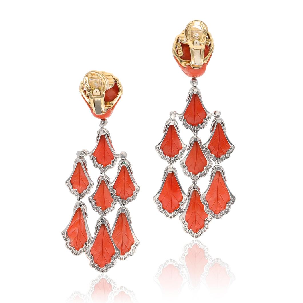 David Webb Carved Coral, Emerald & Diamond "Siren" Earrings