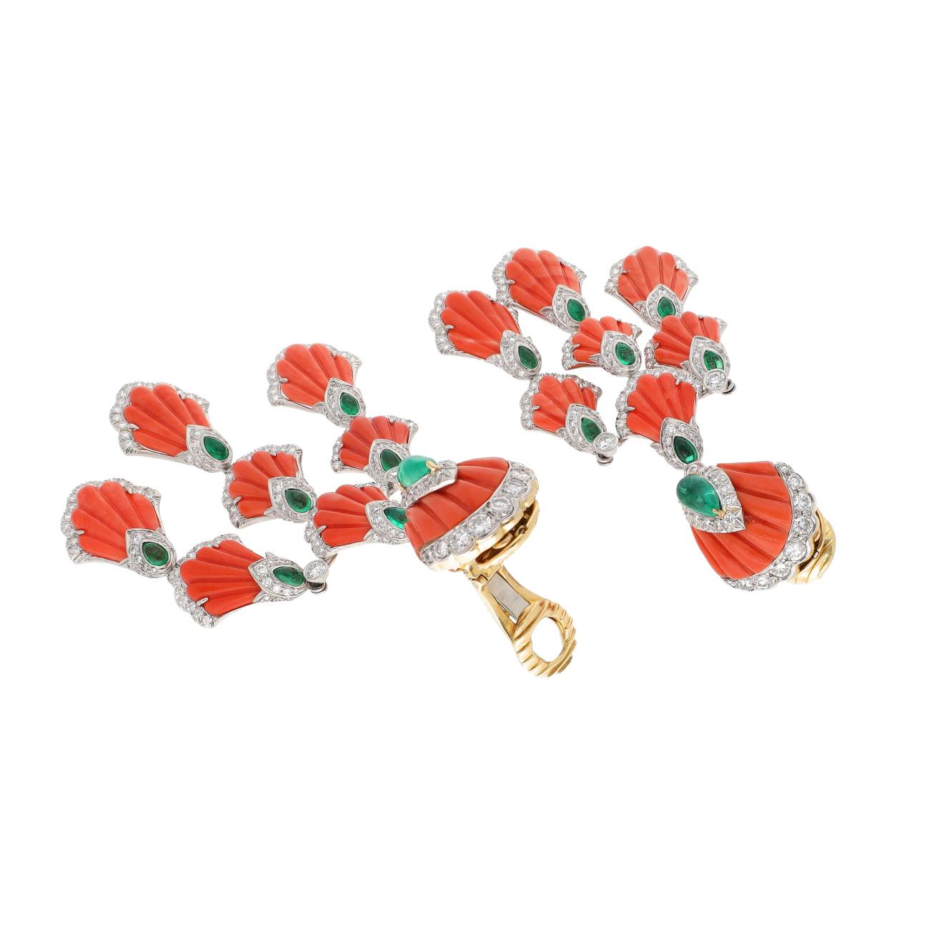 David Webb Carved Coral, Emerald & Diamond "Siren" Earrings