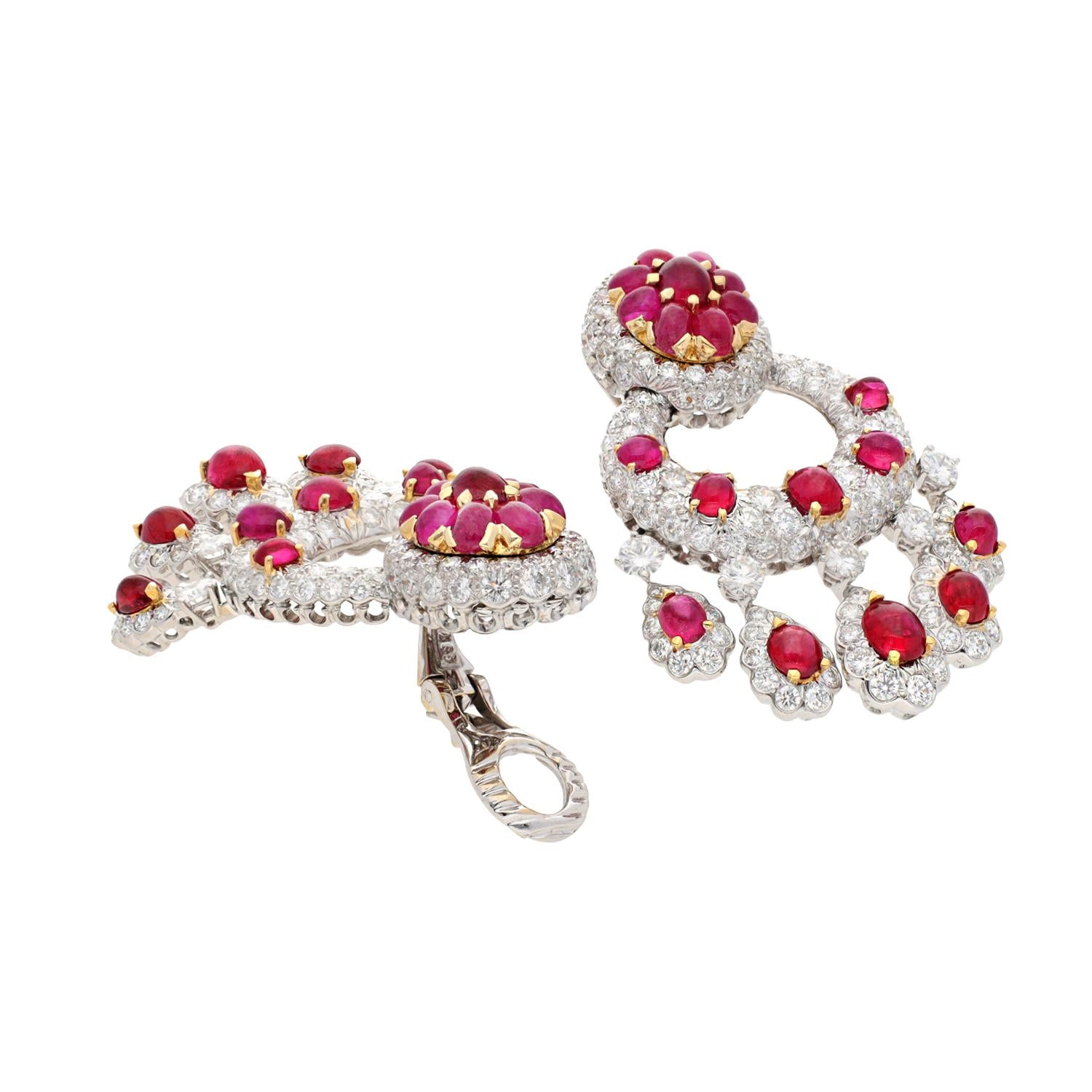DAVID WEBB Cabochon Ruby and Diamond Ear Clips