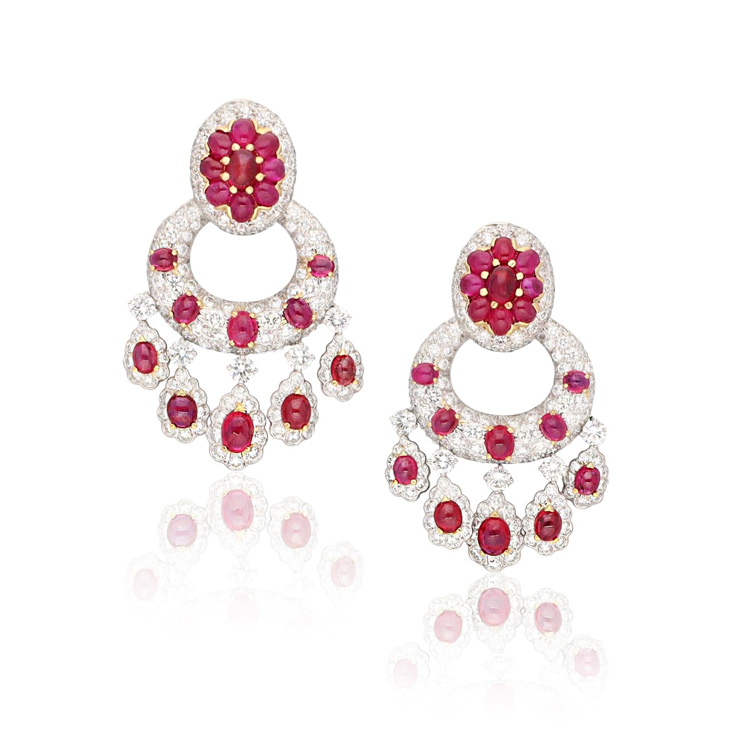 DAVID WEBB Cabochon Ruby and Diamond Ear Clips