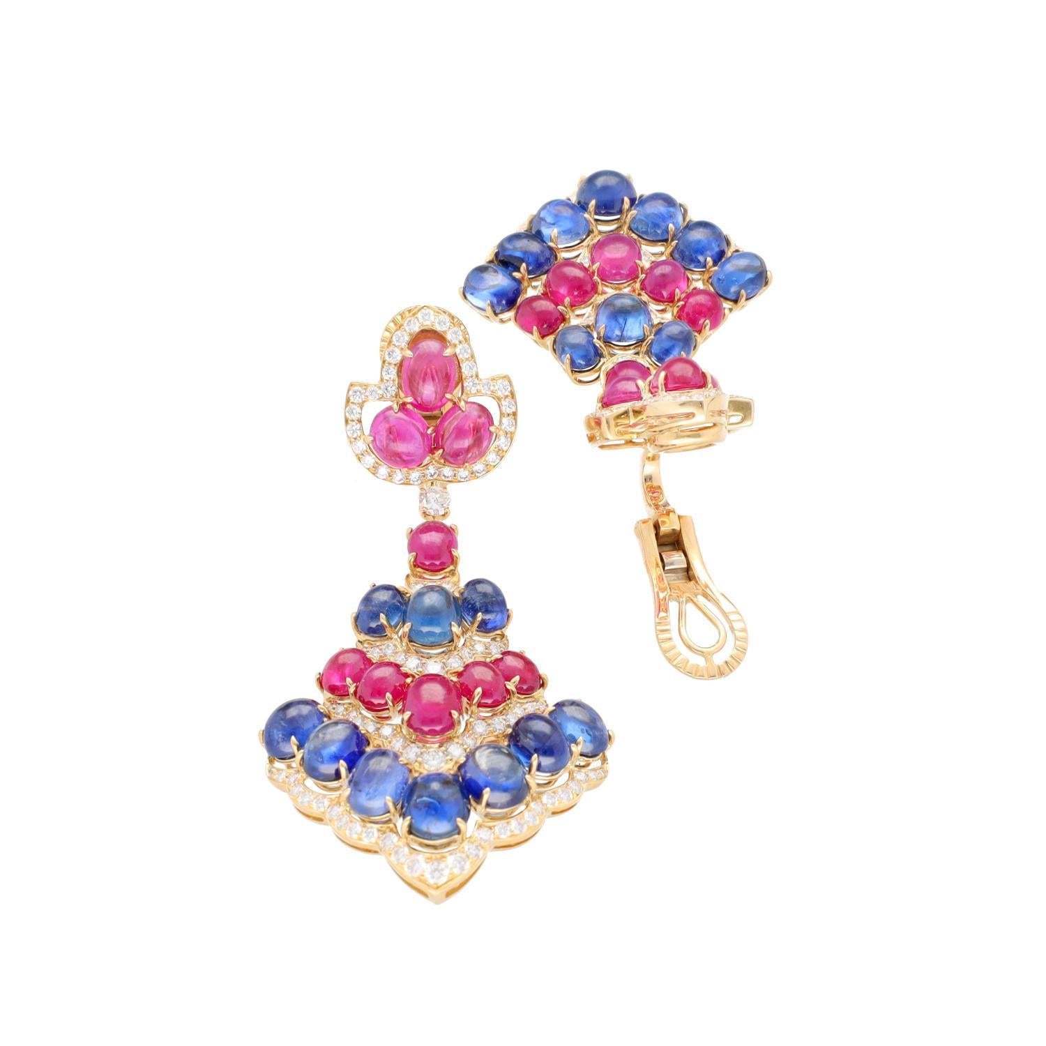 BULGARI cabochon Ruby, Sapphire and Diamond Ear Clips