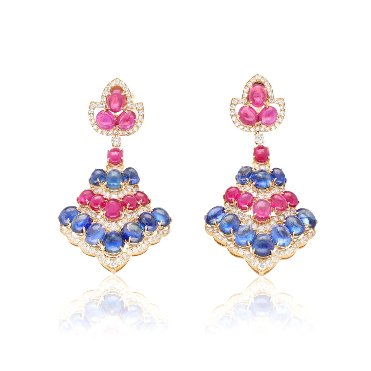 BULGARI cabochon Ruby, Sapphire and Diamond Ear Clips