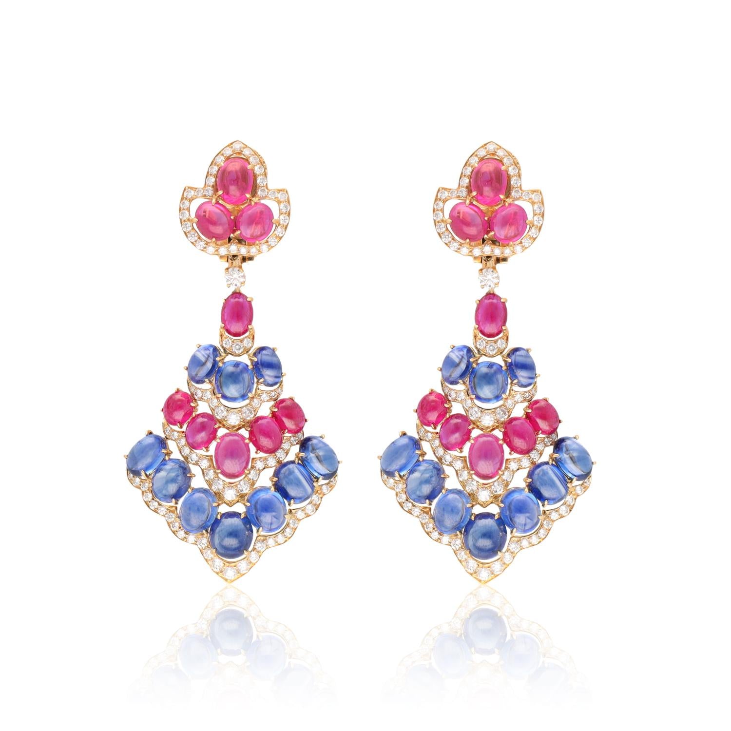 BULGARI cabochon Ruby, Sapphire and Diamond Ear Clips