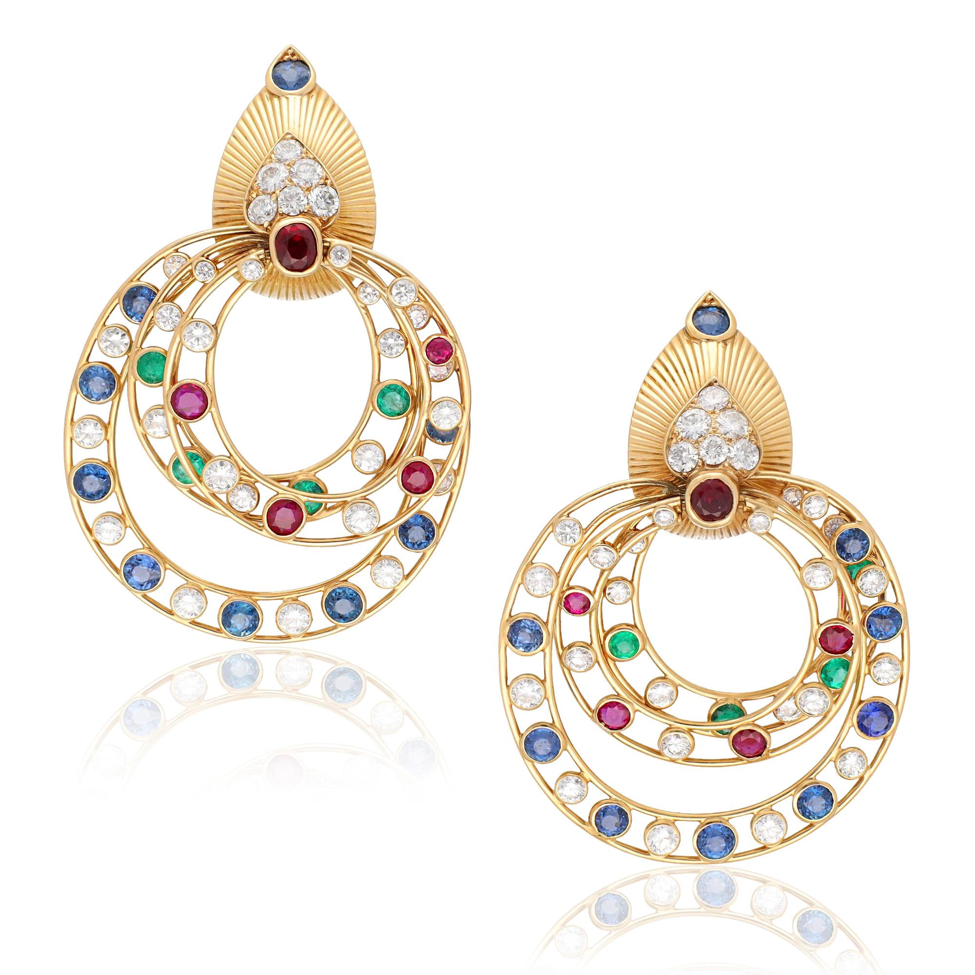 CARTIER Diamond, Ruby, Sapphire & Emerald Pendant Earrings