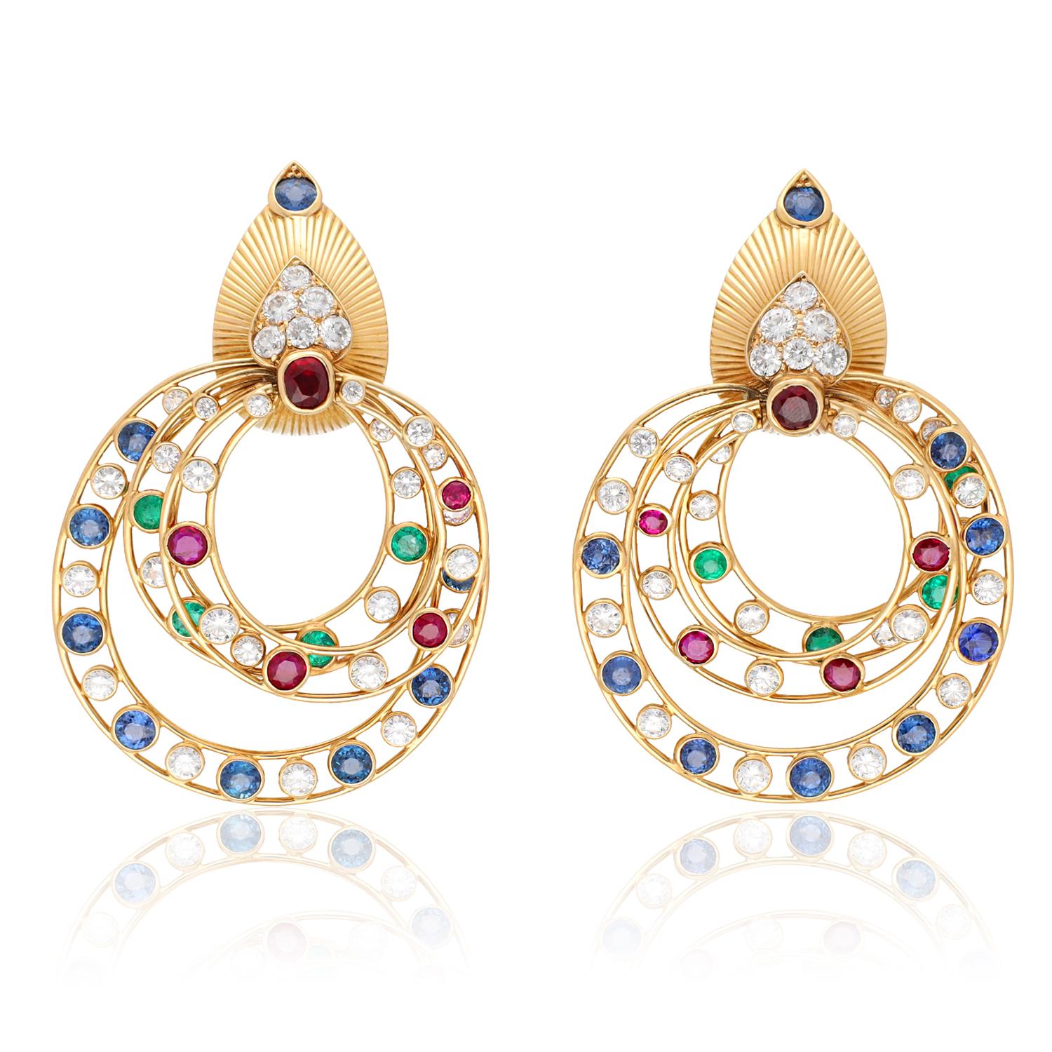 CARTIER Diamond, Ruby, Sapphire & Emerald Pendant Earrings