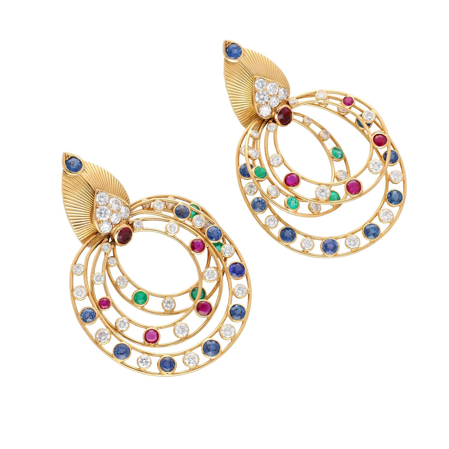 CARTIER Diamond, Ruby, Sapphire & Emerald Pendant Earrings
