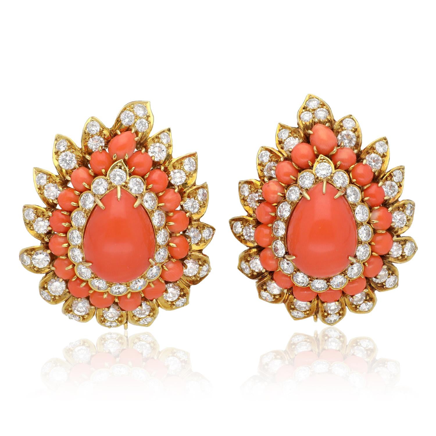 VAN CLEEF & ARPELS Cabochon Coral and Diamond Ear Clips