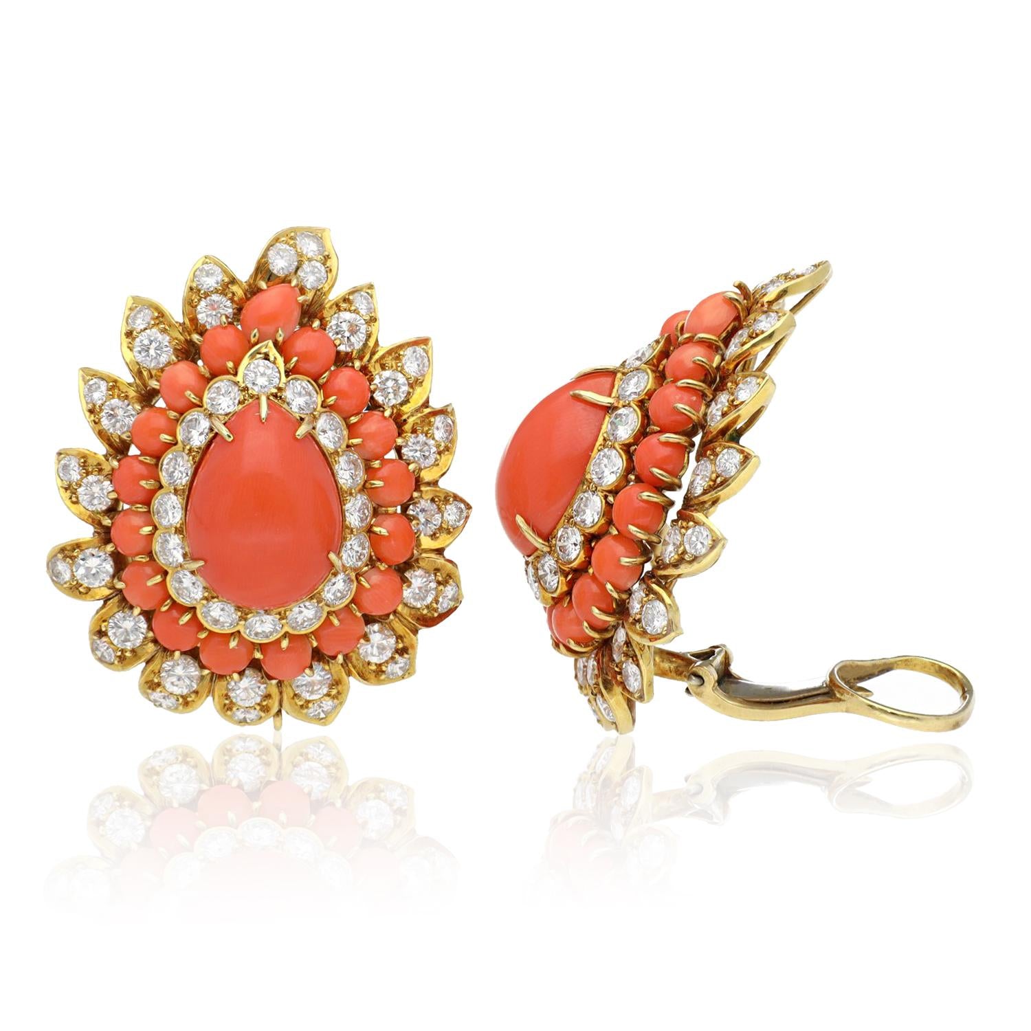 VAN CLEEF & ARPELS Cabochon Coral and Diamond Ear Clips
