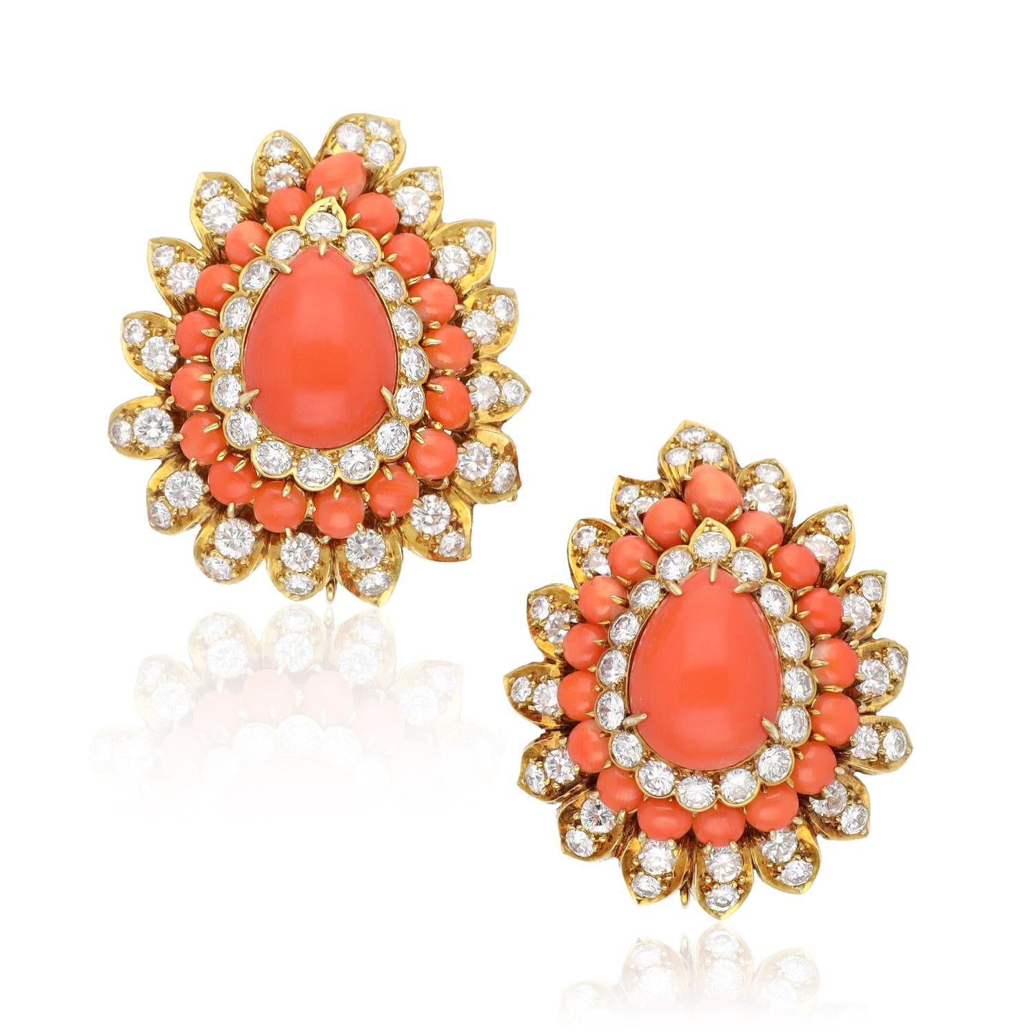VAN CLEEF & ARPELS Cabochon Coral and Diamond Ear Clips