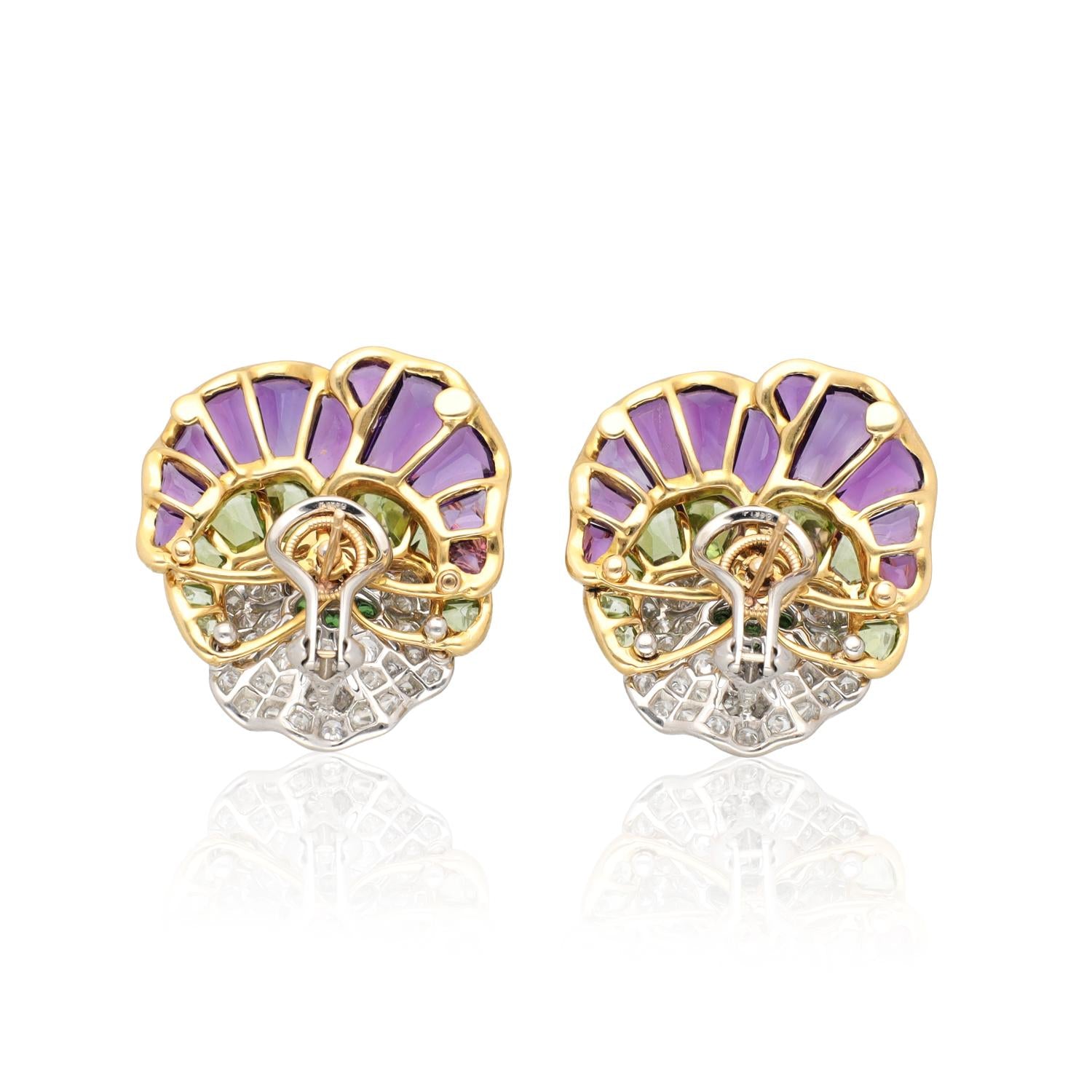 OSCAR HEYMAN Diamond, Amethyst, Peridot and Tsavorite Pansy Ear Clips
