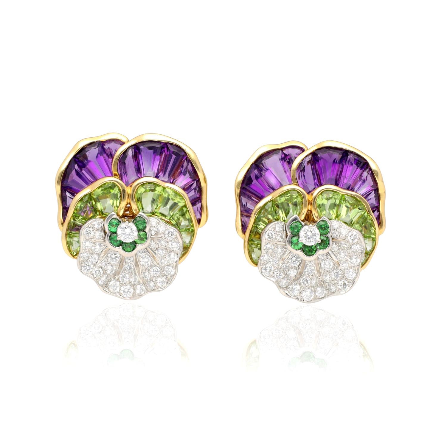 OSCAR HEYMAN Diamond, Amethyst, Peridot and Tsavorite Pansy Ear Clips