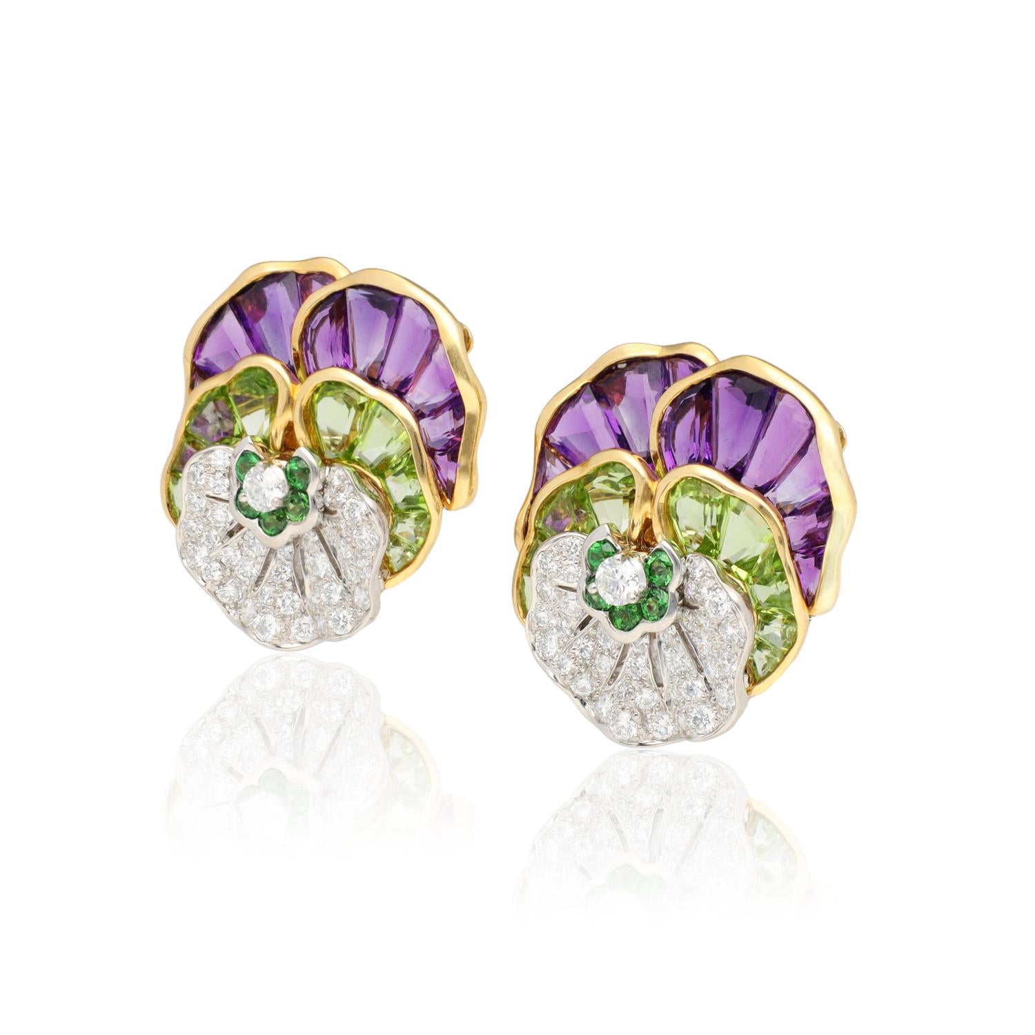OSCAR HEYMAN Diamond, Amethyst, Peridot and Tsavorite Pansy Ear Clips