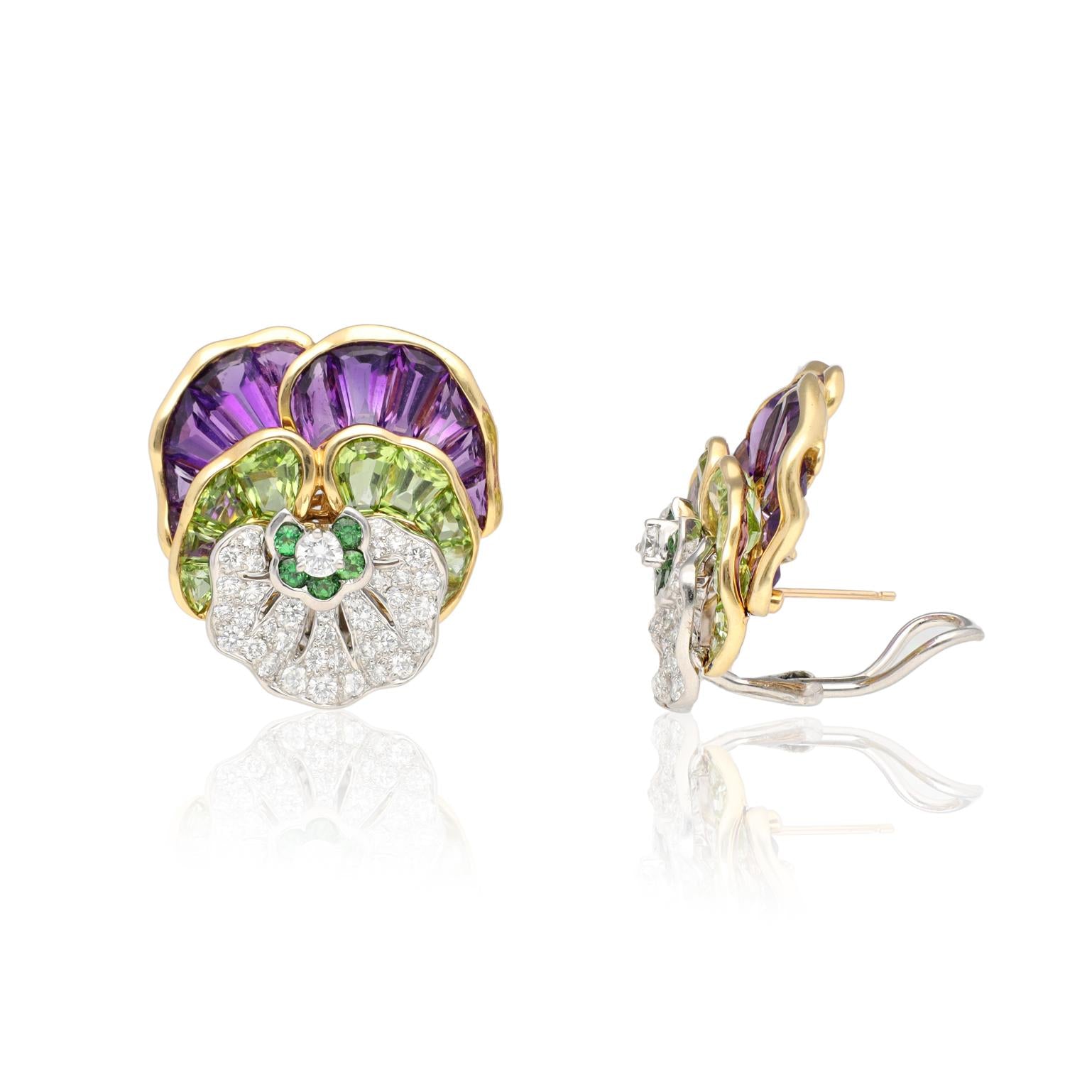 OSCAR HEYMAN Diamond, Amethyst, Peridot and Tsavorite Pansy Ear Clips